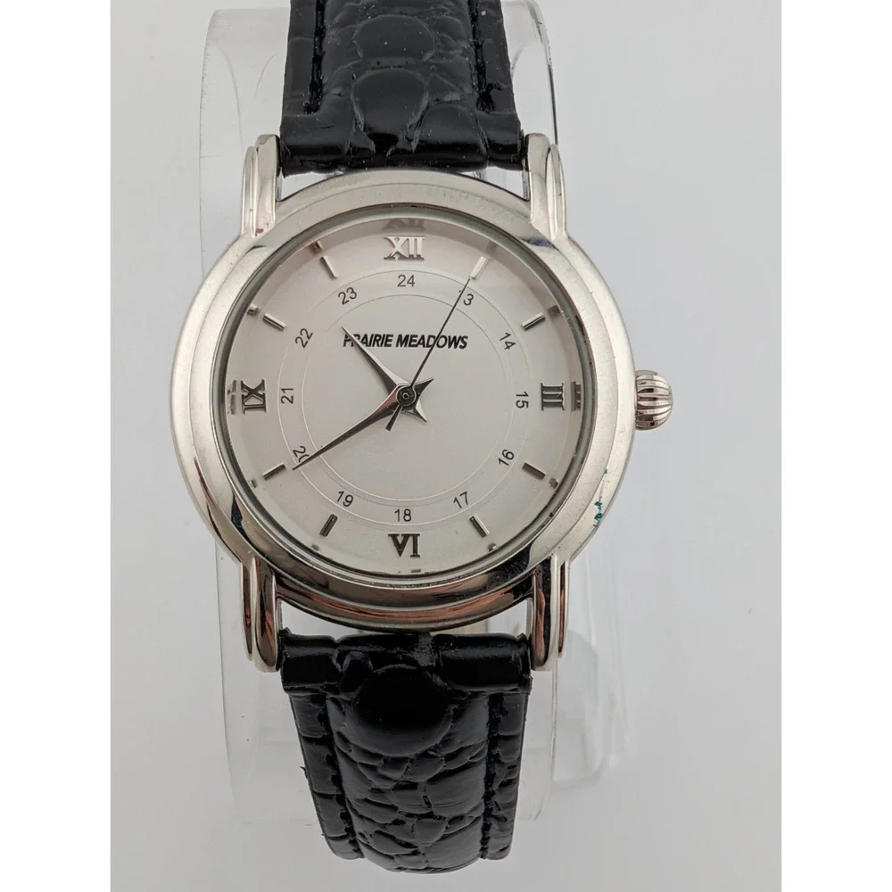 Prairie Meadows Watch Women 30mm Silver Case Black Faux Leather Band New Battery